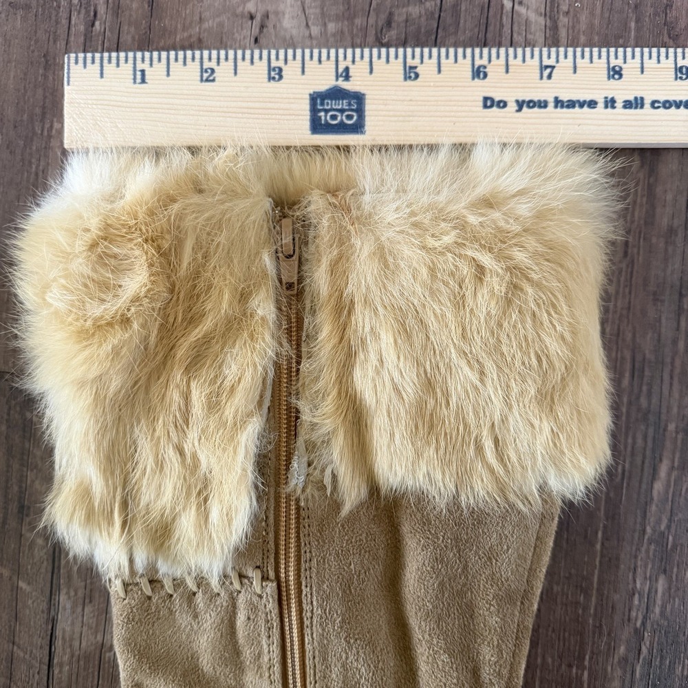 VTG Y2K Fur Heel Boots 8.5 Suede Tan Knee High Western Boho Penny Lane Pointed - Picture 10 of 16
